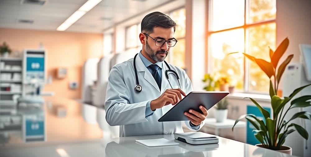 A physician updating a medical prescription on a digital device, surrounded by a modern clinic setting with bright colors and a professional atmosphere.