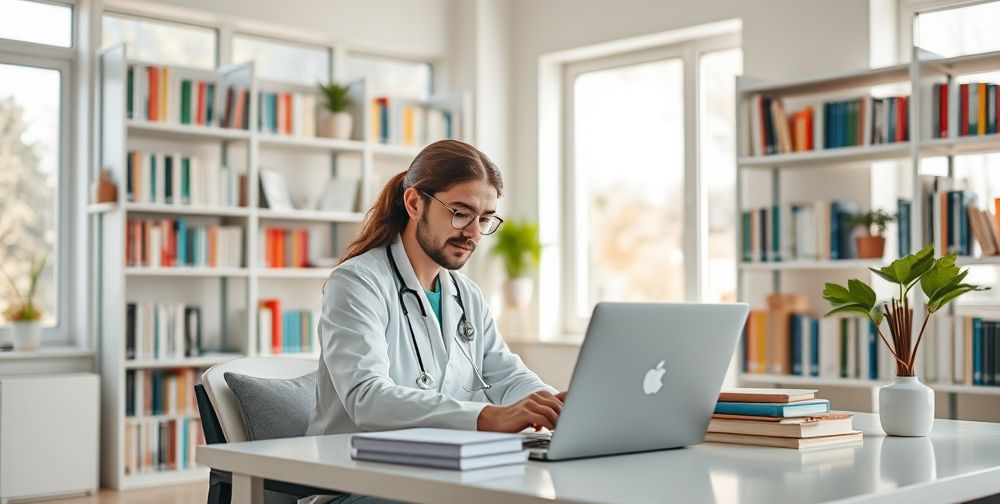 A healthcare professional writing effective medical content in a bright office space, with medical books and a laptop on the desk, focusing on creating human-centered content.