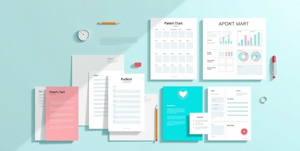 An infographic depicting various medical templates, like patient charts and appointment forms, arranged in a clean and modern layout with a variety of colors.