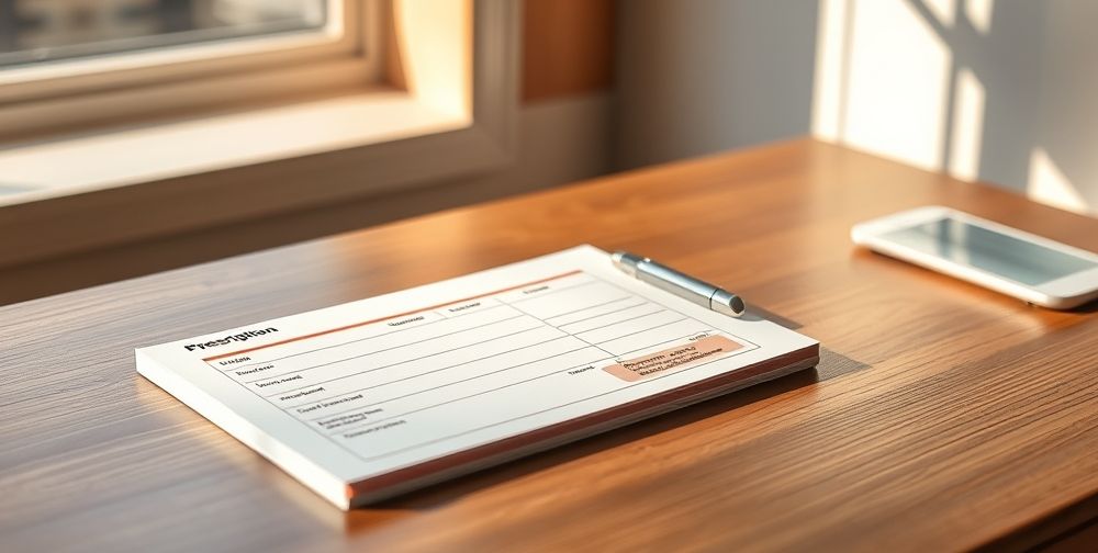 An organized medical prescription pad displayed on a desk, with clear headings, a professional layout, and a patient-friendly design, illuminated by natural light.