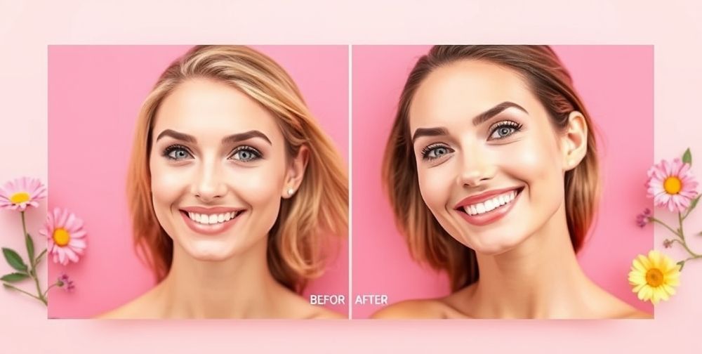 A vibrant skin care flyer design showcasing before and after effects, with bright colors, a clean layout, and clear contact information, set against a soft background.