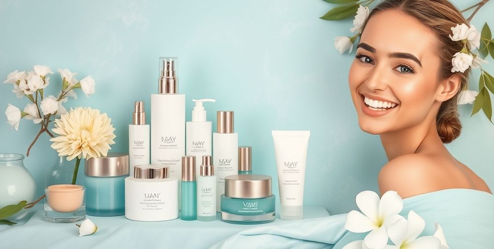 A visually appealing flyer design for skin cleansing services with a calming color palette, showcasing skincare products and smiling models.