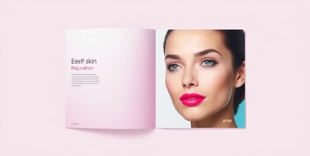 A beautifully designed skin cleaning brochure with bright colors, showcasing healthy skin before and after treatment, set in a minimalist style, evoking freshness and vitality.