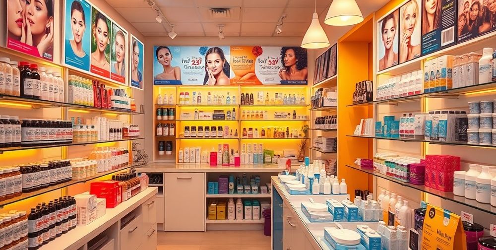 A bright and vibrant beauty salon featuring various skincare products with a focus on flyers promoting skin cleansing services, colorful promotional materials decorating the walls, and a welcoming atmosphere.
