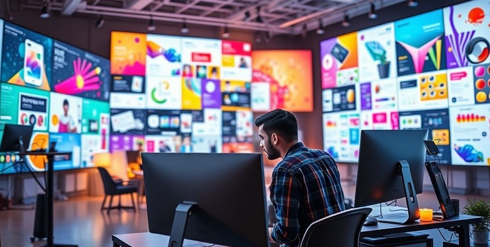 A vibrant graphic design studio with open design templates displayed on large screens, showcasing colorful and creative designs, with a designer working on a computer in the foreground.