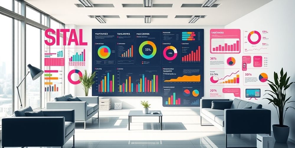 A detailed infographic visually explaining digital marketing statistics in vibrant colors, with charts and graphs, set in a modern office environment.