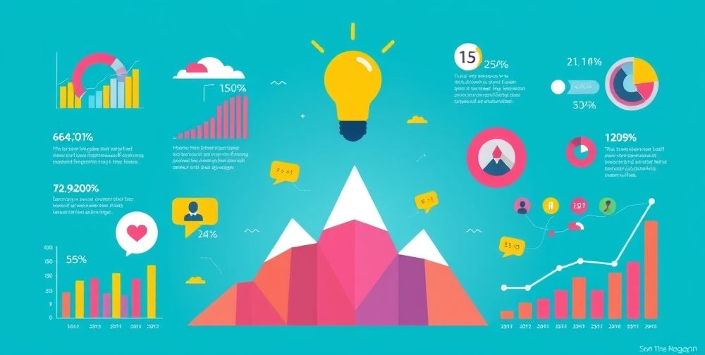 A vibrant and colorful infographic showcasing business success stories, featuring graphs, charts, and icons that highlight key statistics and achievements. The design is modern and visually engaging, with a balanced color palette.