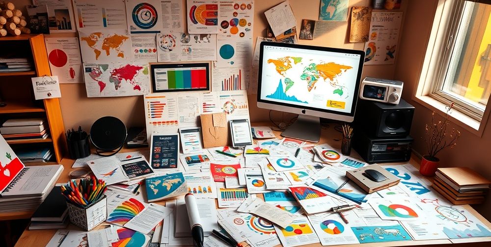 A creative infographic design workspace, showcasing various infographics on a large desk, surrounded by colorful materials, sketches, and a computer with design software open.