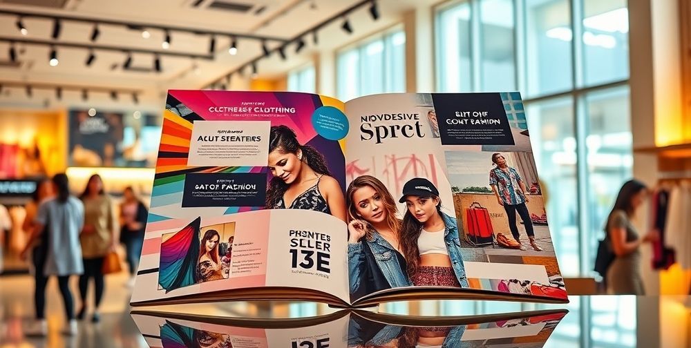 A visually appealing open-layered brochure for a clothing store, showcasing vibrant colors, trendy clothing designs, and promotional offers, placed on a well-lit retail environment with customers browsing.