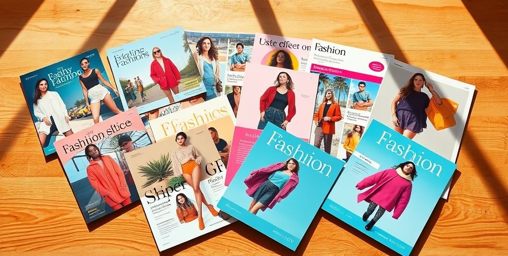 A visually appealing assortment of ready-made fashion flyers displayed on a bright wooden table, featuring vibrant colors and diverse clothing styles, in a cheerful atmosphere.