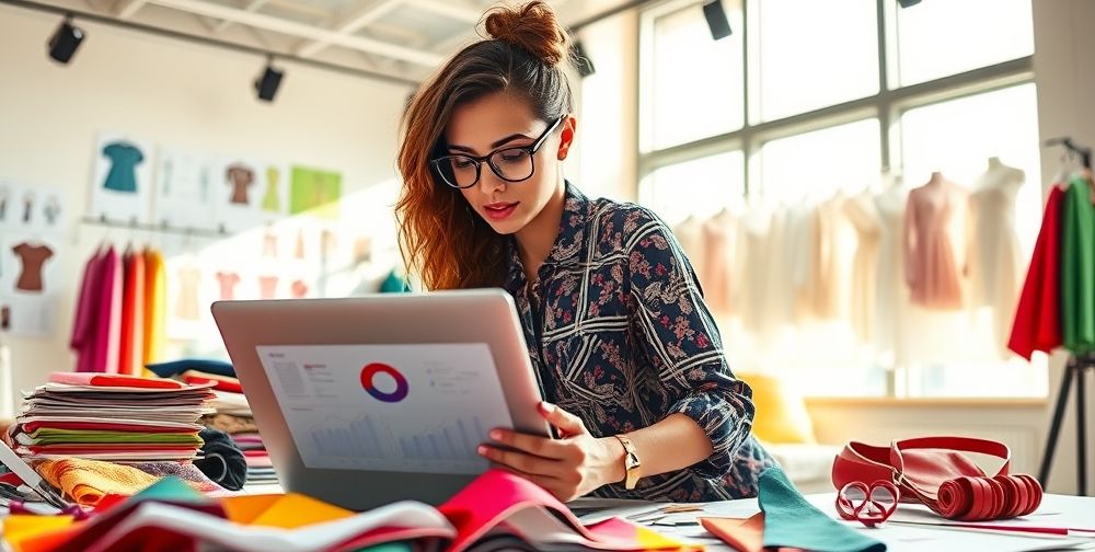 A designer analyzing market research data on a laptop, surrounded by colorful clothing samples and sketches, in a bright and modern workspace.