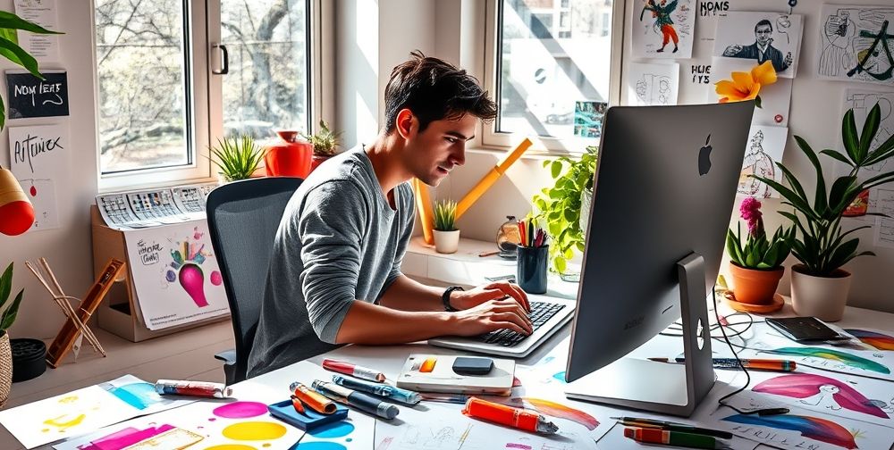 A young designer working on a flyer design with a computer, colorful sketches around, bright workspace setting, showing creativity in design.
