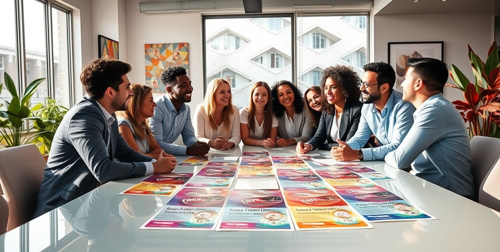A vibrant marketing strategy meeting in a modern office, displaying colorful flyers for facial treatment promotions with professionals discussing growth strategies.