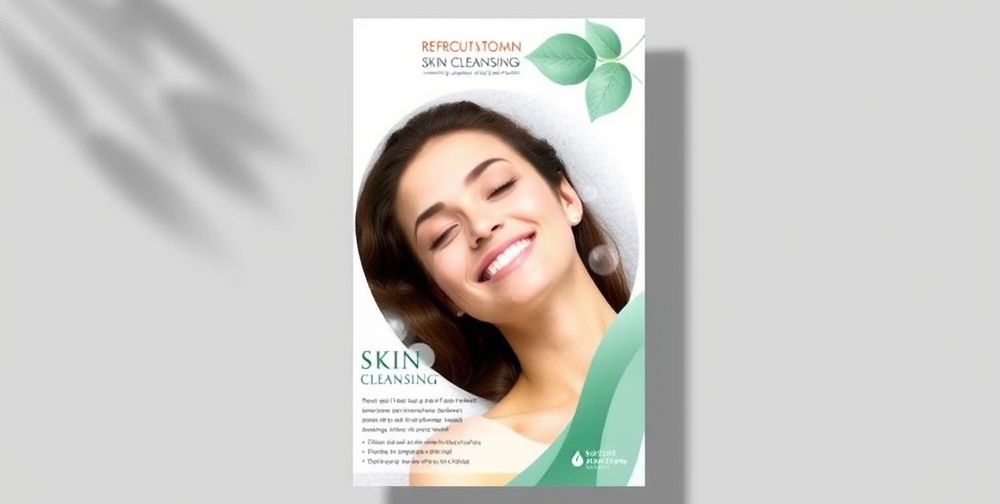 A modern design flyer for skin cleansing services, featuring soft colors like green and blue, images of happy clients enjoying treatments, and clear, readable fonts that attract attention.