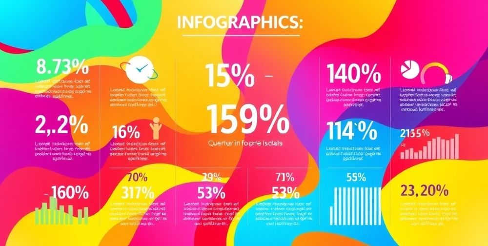 A colorful and engaging infographic design depicting various statistics and data in a visually appealing manner, set against a bright background with dynamic shapes and icons.