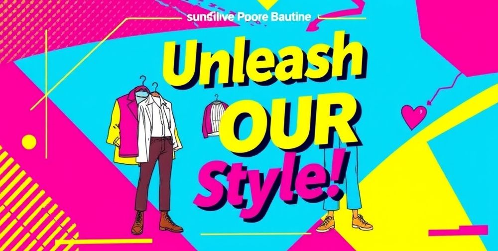 A colorful flyer design for a clothing store featuring vibrant colors, stylish clothing images, and eye-catching typography in a fashion-forward layout.