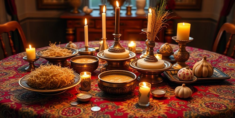 A colorful Haft Sin table set up with traditional items like Sabzeh, Samanu, and Seer, showcasing the beauty of Persian New Year traditions.