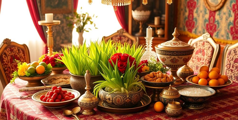 A beautifully designed Haft-Seen table setting with traditional items like sabzeh, samanu, and senjed, in a bright and festive atmosphere. The colors are vibrant, enhancing the celebration mood.
