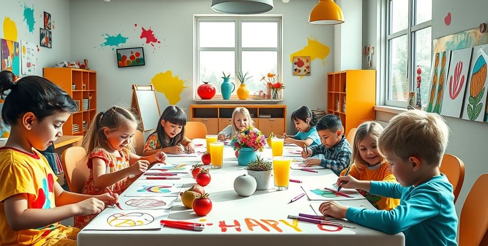 A vibrant classroom filled with children joyfully coloring and crafting their versions of the Haft Seen table setting, showcasing creativity with vibrant colors and eclectic designs.