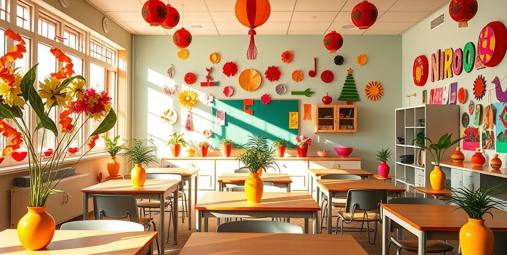 A vibrant classroom decorated for Norooz, with colorful paper representations of the Haft-Seen elements on the walls, and natural plants in bright vases.