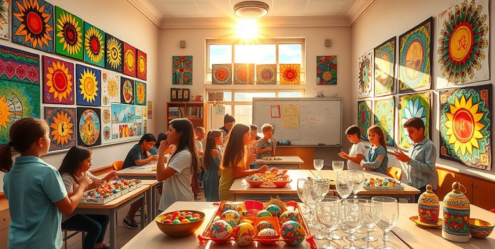 A colorful craft exhibition in a classroom featuring student artwork inspired by the Haft-Seen table, showcasing creativity and cultural celebration.