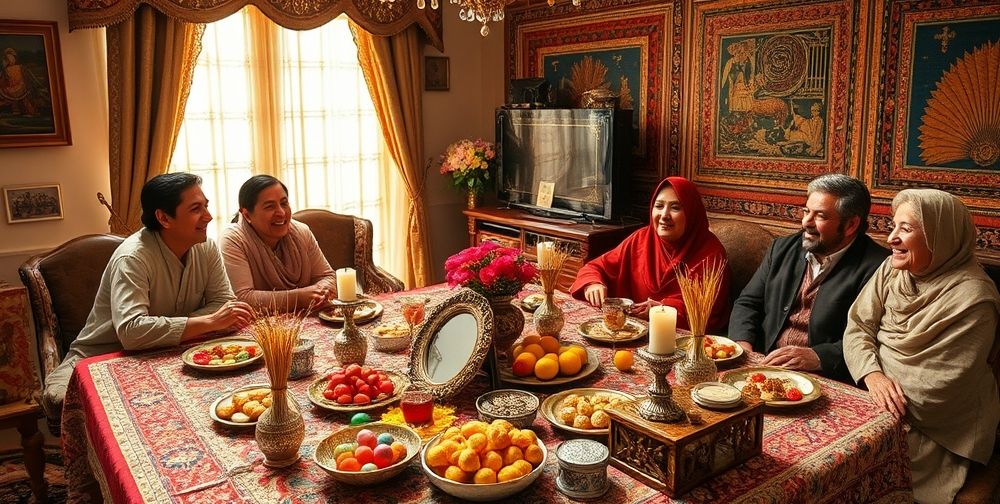 A vibrant and colorful Haft-Seen table set up in a traditional Persian living room with family members gathered, showcasing rich cultural elements and symbolic items.