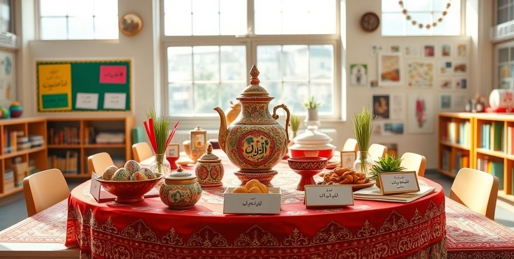 A colorful Haft-Seen table beautifully decorated with traditional items, each item labeled in Persian for educational purposes, against a bright classroom background.