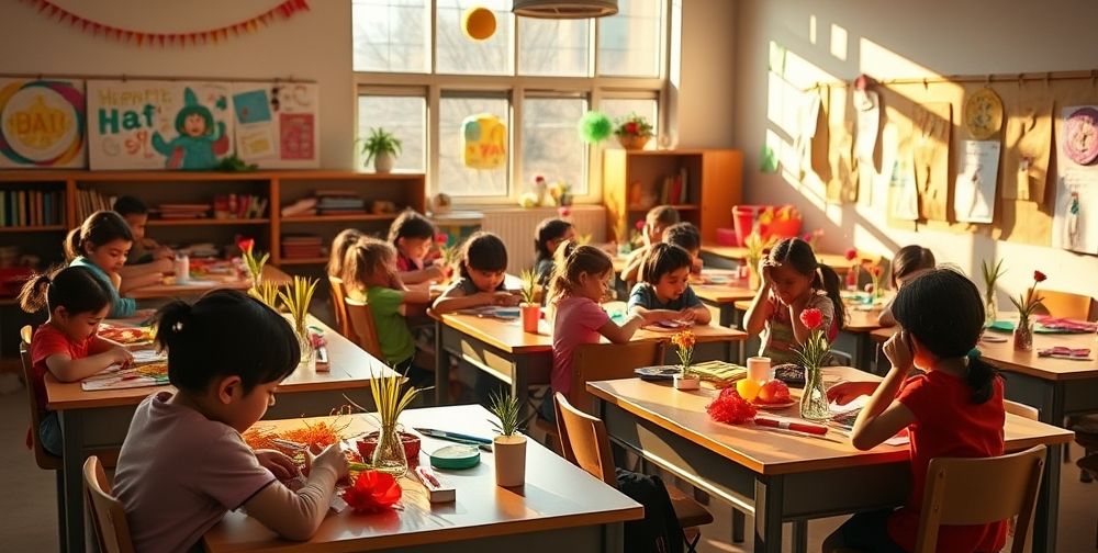 A vibrant classroom setting with children engaging in crafting Haft Sin decorations, colorful elements like sabzeh, samanu, and senjed are on desks, creating a joyful atmosphere.