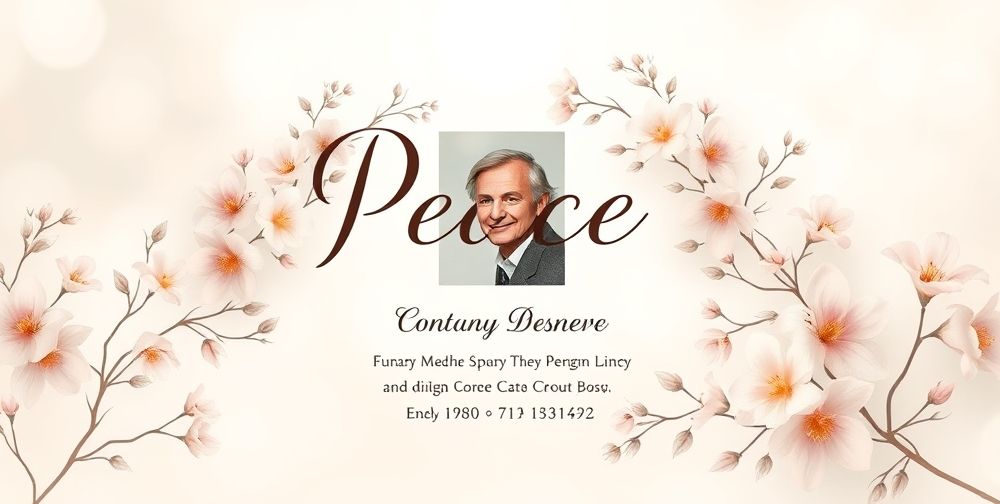 A beautifully designed open-layer funeral announcement featuring a serene background, personalized text, and a photo of the deceased surrounded by floral patterns.