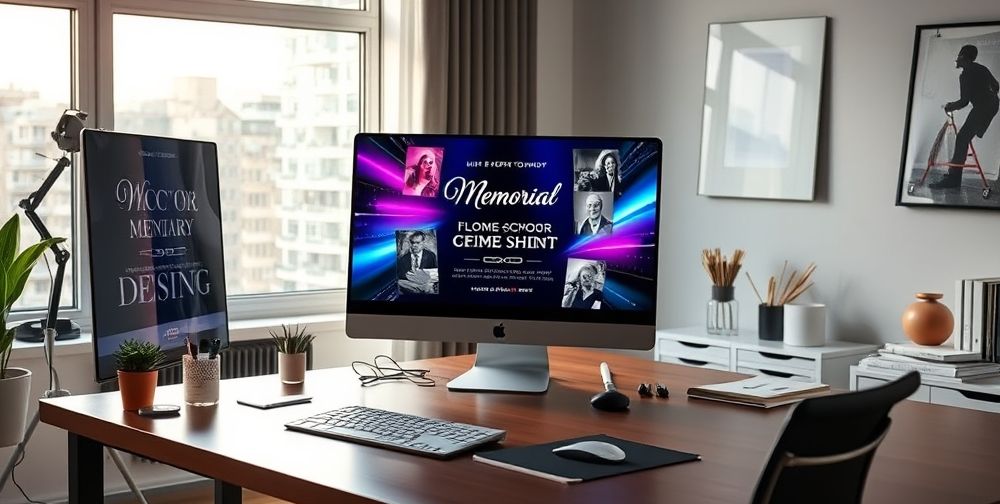 A professional workspace featuring a computer with Adobe Photoshop open, displaying a mourning ad design in progress. The screen is vibrant with text and images related to a memorial event. The setting is calm and organized with design tools visible.