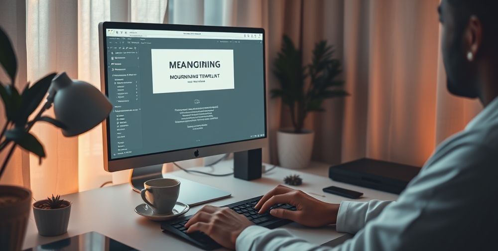 A user working on a computer screen with GIMP open, designing a high-quality mourning announcement template with layers, showing a serene workspace, soft lighting and a cup of tea beside the keyboard.