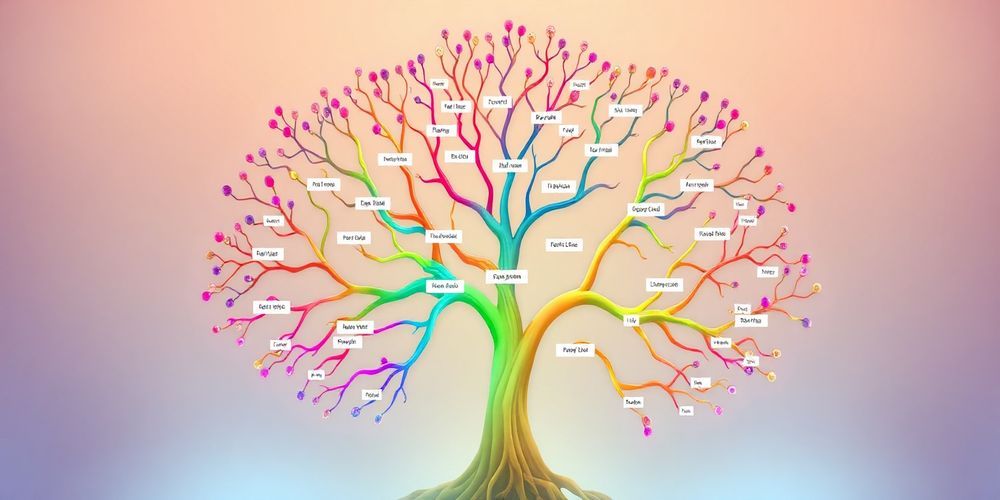 A detailed design of a family tree layout with various colored branches and labels, showing multiple generations in a modern, digital style.