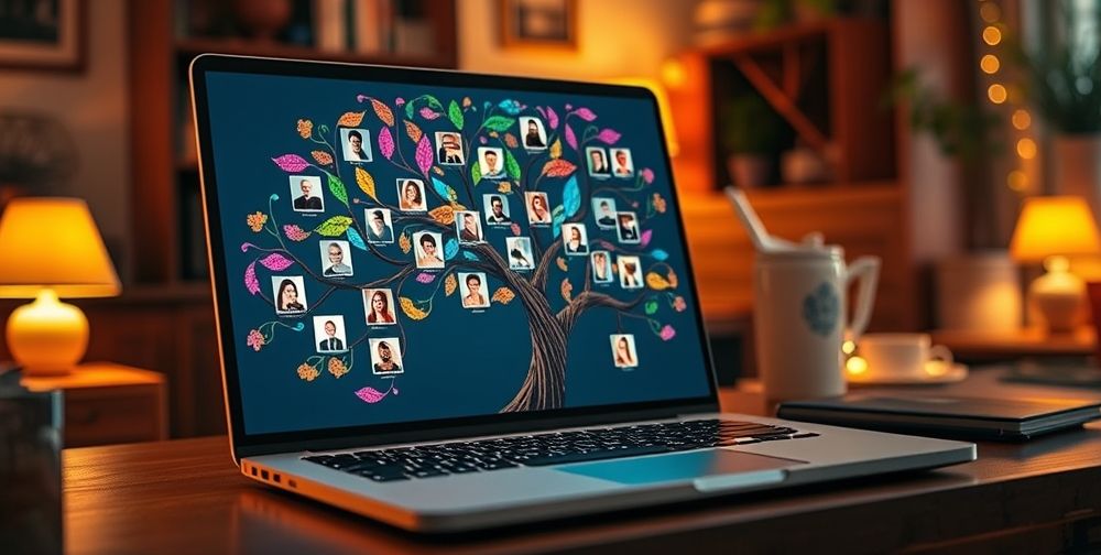 An elegant family tree design displayed on a computer screen, with colorful interconnected branches and photo placeholders for family members.