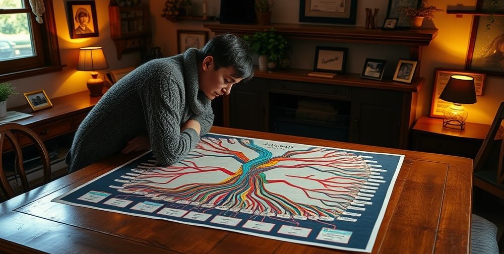 A detailed design of an ancestral family tree chart, showcasing multiple generations with colorful branches and names, placed on a wooden table, with a thoughtful person examining it in a cozy room.