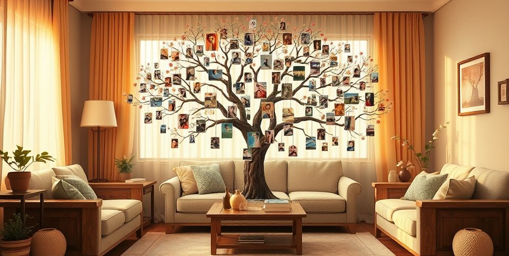 An engaging family tree design in a cozy home setting, with colorful branches and family pictures, well-organized in a visually appealing layout.
