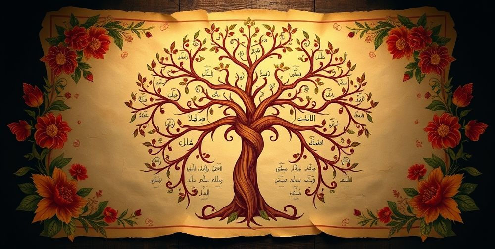 An intricate design of a Persian family tree displayed on an aged parchment, surrounded by vibrant floral motifs, showcasing generations of family lineage.