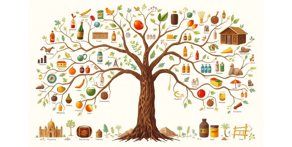 A creative family tree illustrating cultural products over generations, showcasing their historical significance and connections within a colorful, artistic layout.
