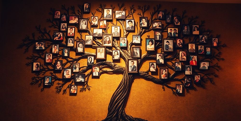 A detailed family tree on a wall with colorful pictures of family members, linked with branches and connecting lines; warm lighting creating a nostalgic atmosphere.