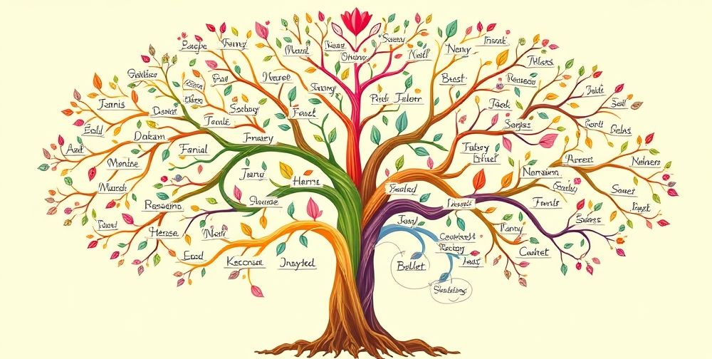 A beautiful family tree diagram with colorful branches and names from different generations, symbolizing family connections.