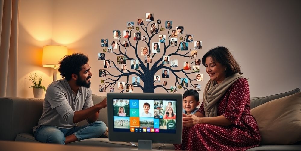 A modern family creating a family tree on a digital platform, surrounded by colorful graphics and family photos, showcasing their heritage.