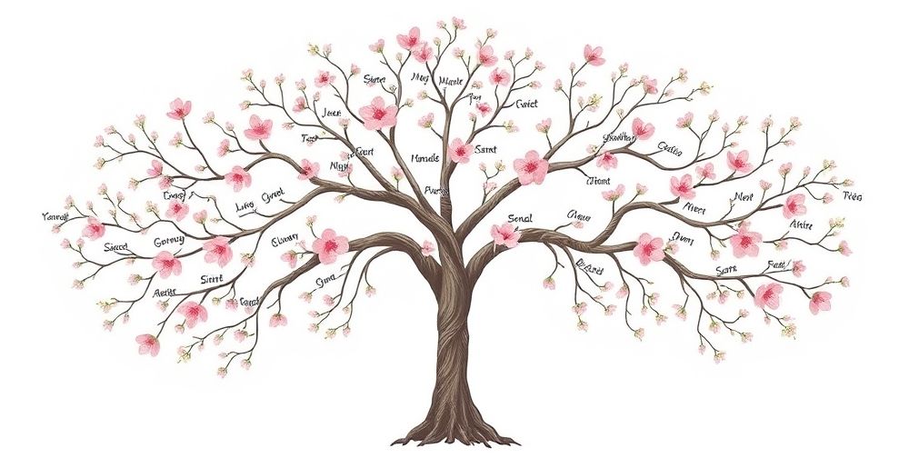 An elegantly designed family tree chart featuring colorful branches and names, set against a soft pastel background, showcasing connections between various generations with detailed annotations.