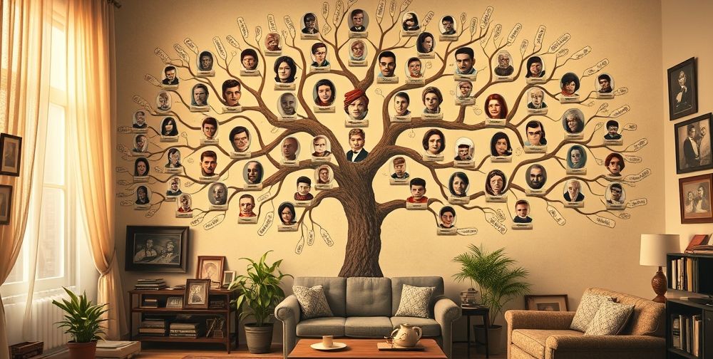 A detailed family tree illustration showcasing multiple generations, with connected portraits and labels, creating a visual narrative of family history, set in an inviting environment with soft lighting.