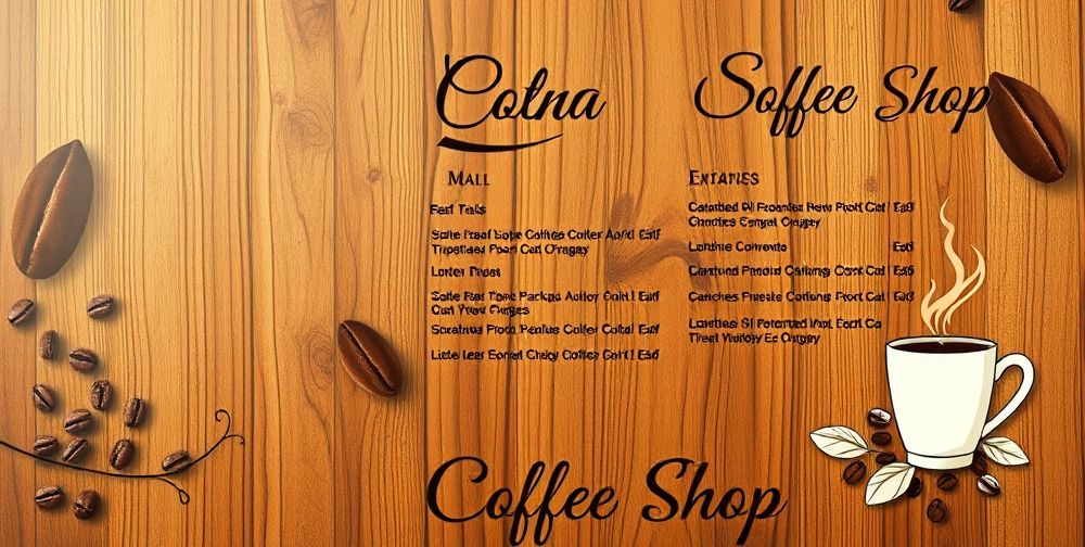 A stylish coffee shop menu design, featuring warm colors and elegant typography on a wooden background, with coffee-related graphics prominently displayed.