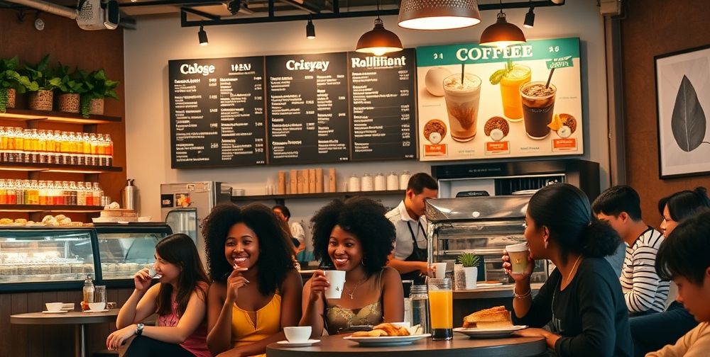 A modern coffee shop interior with a vibrant menu board showcasing various drinks, with customers happily enjoying their beverages, warm color tones highlighting the inviting atmosphere.