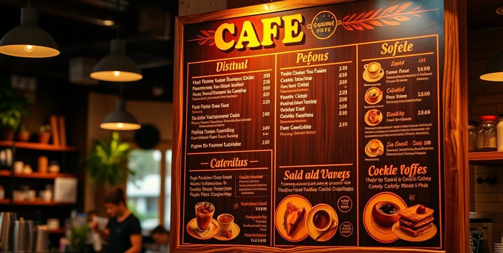 A vibrant café menu featuring warm colors like red and orange, showcasing delicious coffee options and inviting atmosphere.