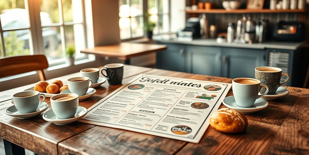 An aesthetically pleasing coffee shop menu displayed on a rustic wooden table, surrounded by coffee cups and pastries, showcasing creative fonts and vibrant images.