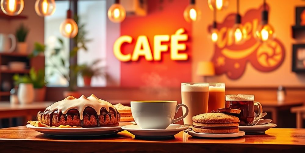 A vibrant cafe menu layout with rich colors and enticing food illustrations on display, showcasing popular coffee drinks and desserts, creating a warm atmosphere.