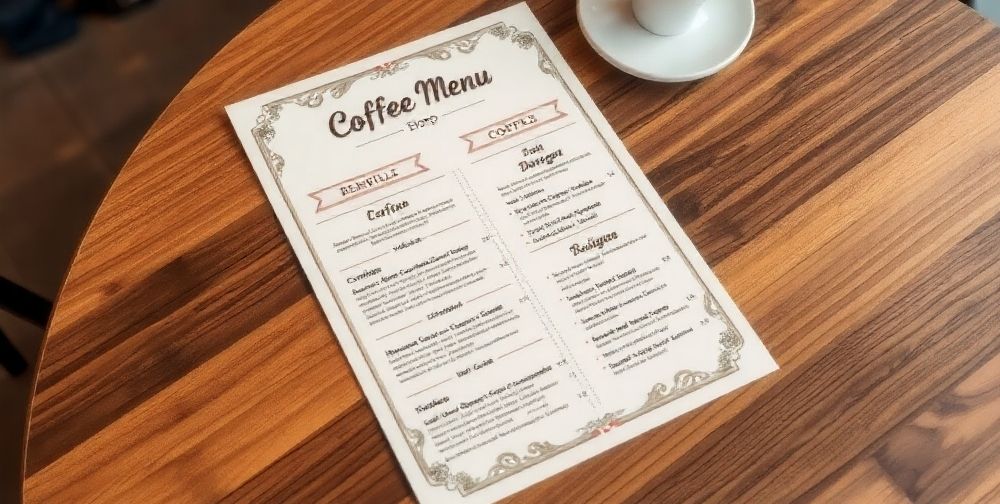 A beautifully designed coffee shop menu displayed on a wooden table, showcasing colorful items with elegant typography and decorative elements.