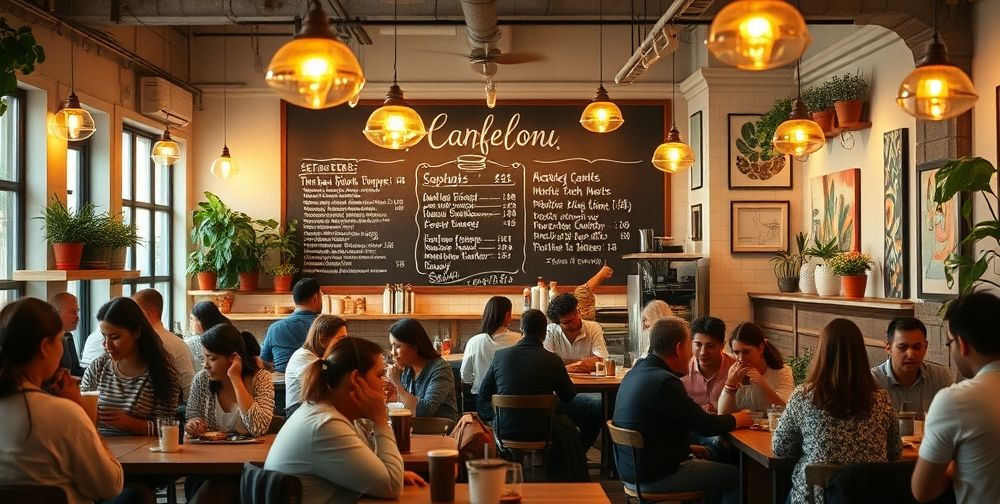An aesthetically pleasing coffee shop scene with customers enjoying drinks, the menu prominently displayed and vibrant decorations creating a welcoming ambiance.