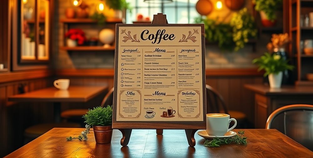 A stylish coffee shop menu design display, showcasing vibrant colors and elegant typography, set against a cozy cafe ambiance with wooden tables and warm lighting.